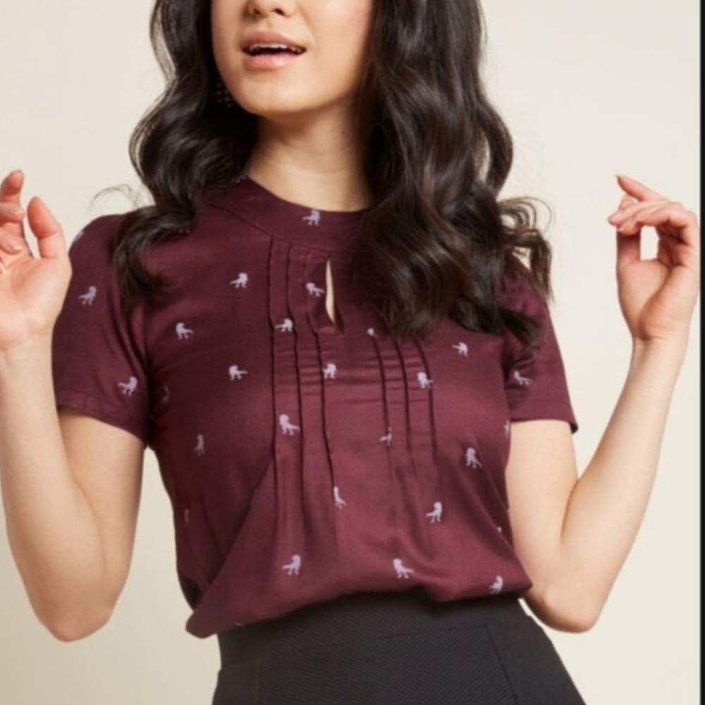 Modcloth Dino Maroon Pleated Top